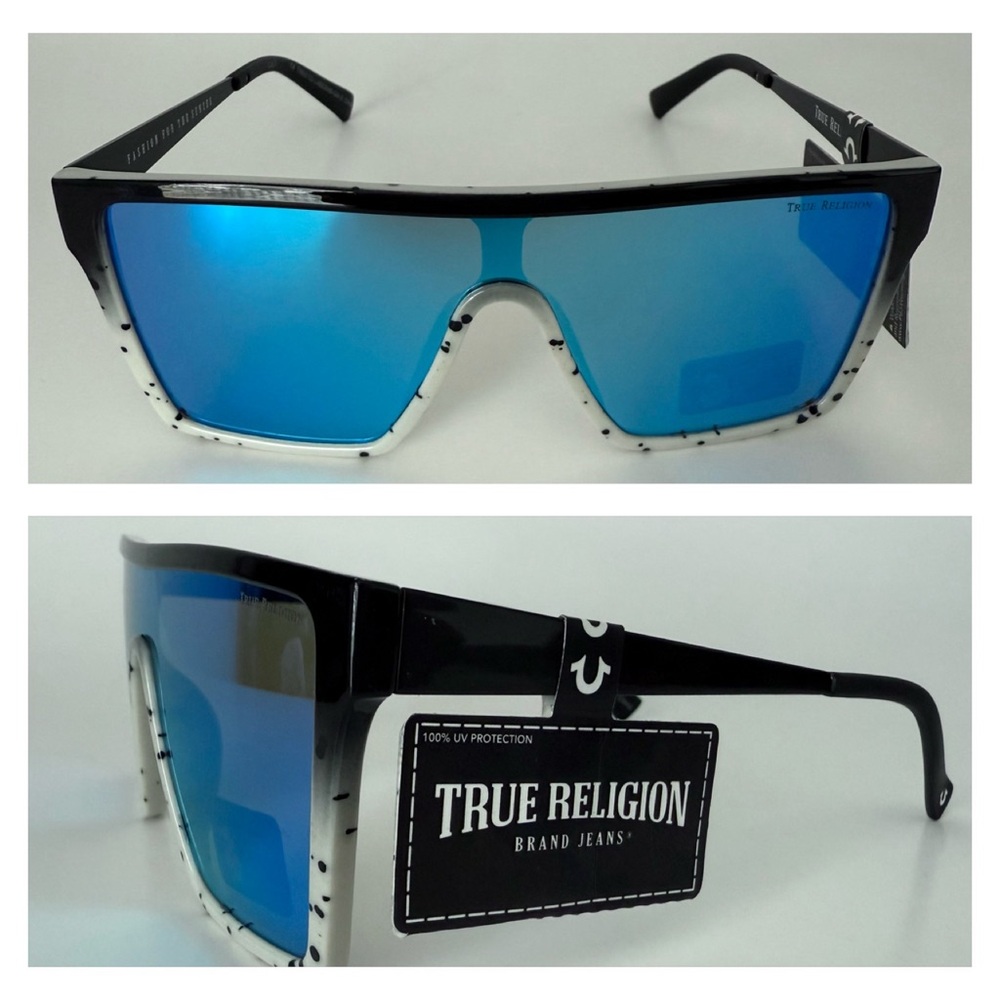NEW TRUE RELIGION Shield Flat Top Square Sunglasses Blue Mirror